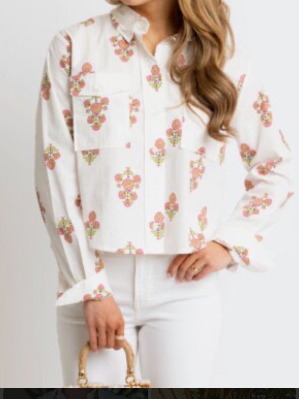 Karlie White Button-Up Crop Shirt with Pink & Green Ann Floral Pocket Camp Top